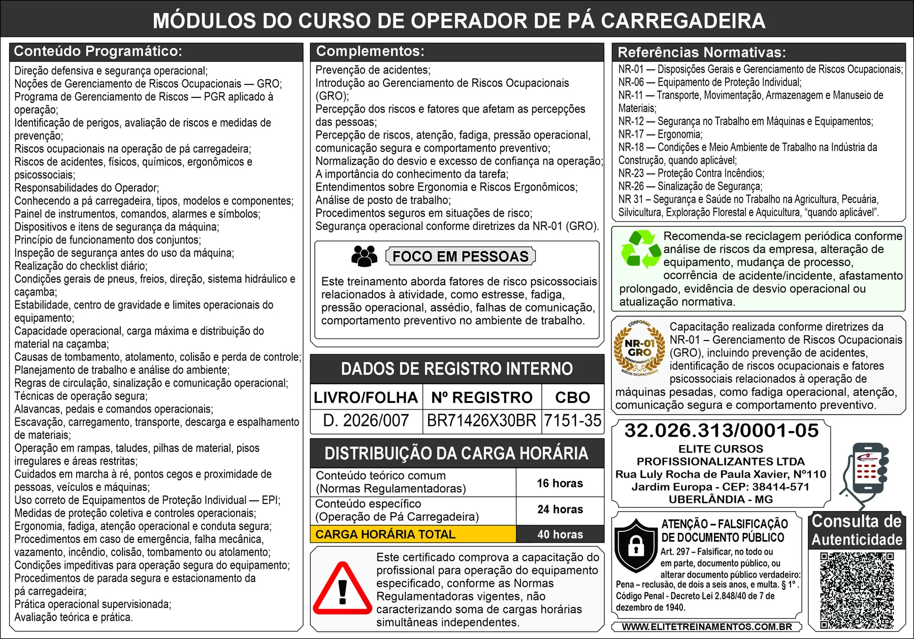 Exemplo demonstrativo do verso do certificado com conteúdo programático e referências normativas