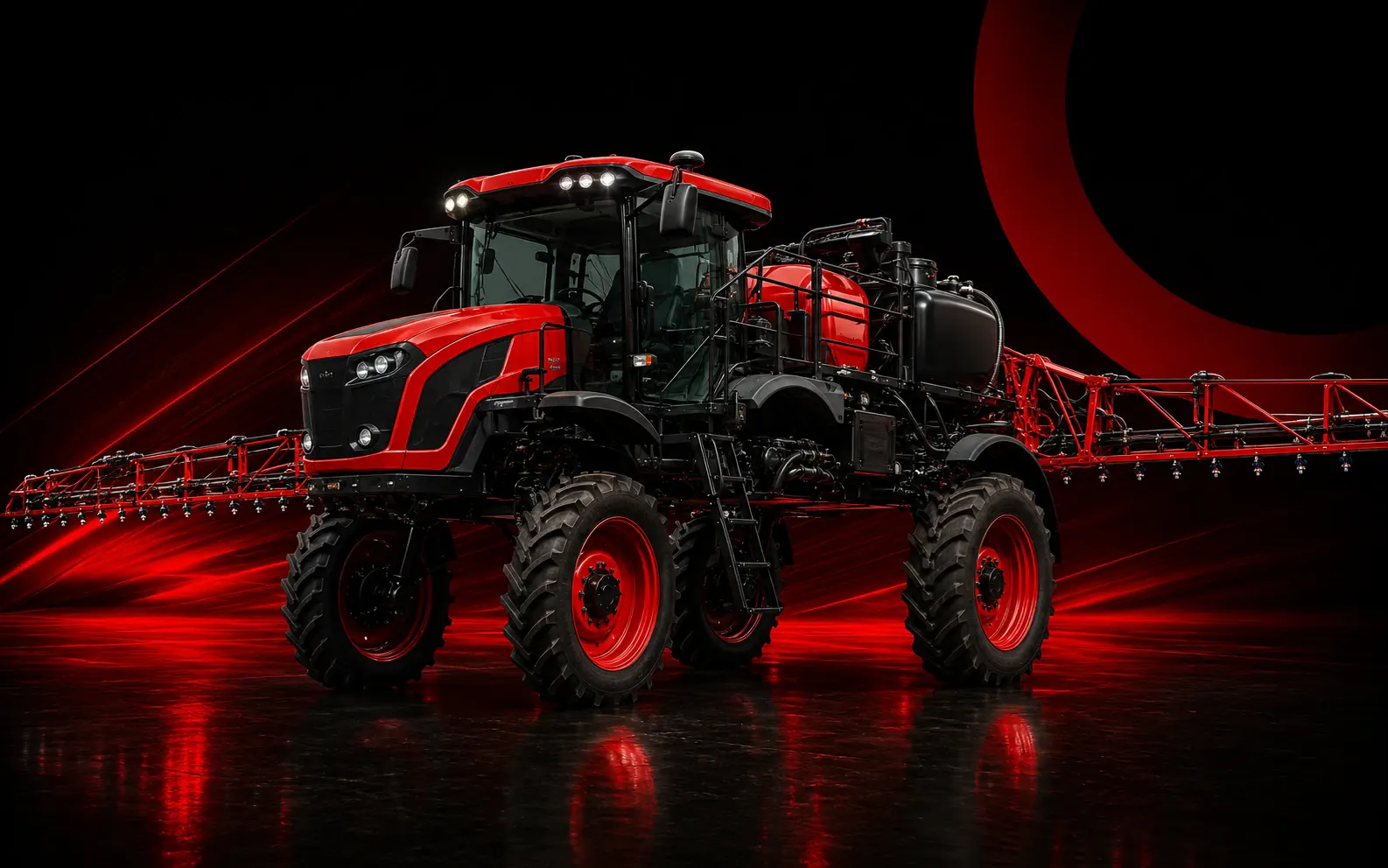 Pulverizador agrícola autopropelido vermelho com barras de pulverização abertas