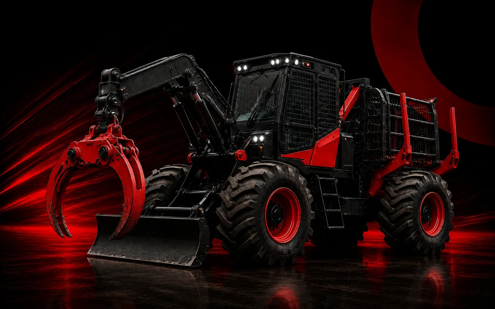 Skidder florestal vermelho equipado com garra e lâmina dianteira