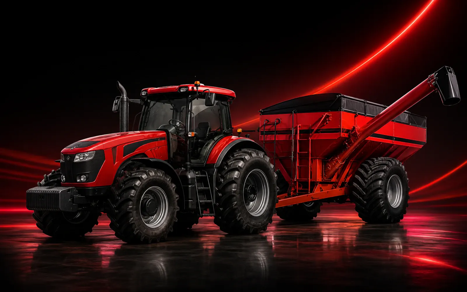 Trator agrícola acoplado a equipamento de transbordo para transporte da produção